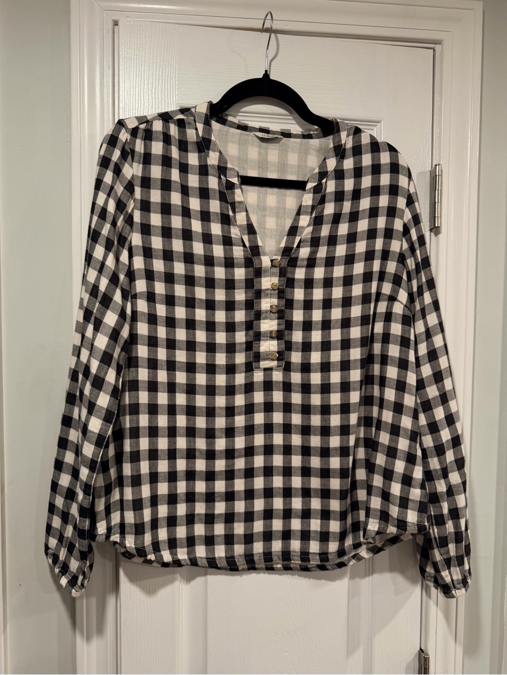 L.L.Bean Size L Cotton Black Gingham Plaid Long Sleeve Popover Shirt Henley